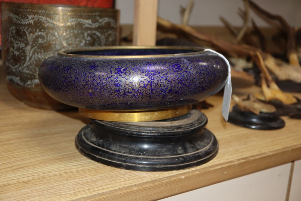 A Chinese cloisonne enamel bowl, a Burmese lacquer dish and an Indian brass bowl